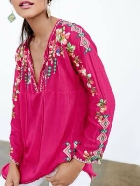 Johnny Was Vanessa Top Embroidered Boho Floral Red Cupro Rayon 1X